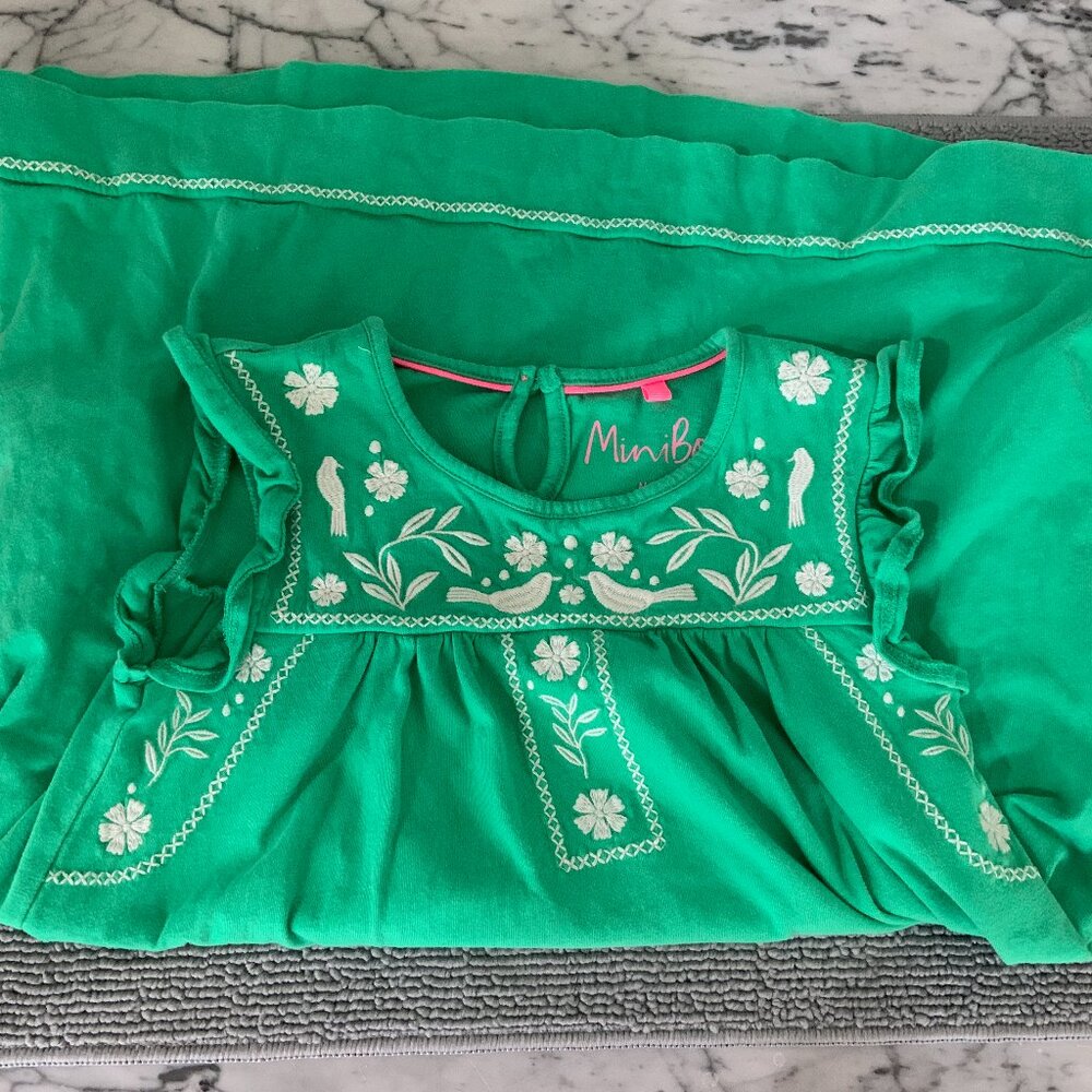 mini boden green dress short sleeve ruffle trim, 7-8 yr